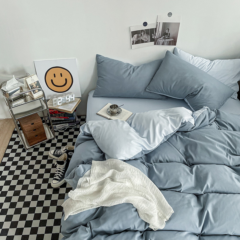 Hazy Blue Washed Cotton Bedding Set - Solid Color Fitted Sheet Style