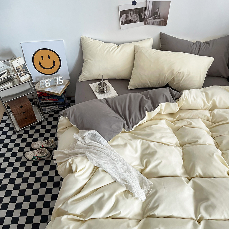 Light yellow and light gray Washed Cotton Bedding Set - Solid Color Fitted