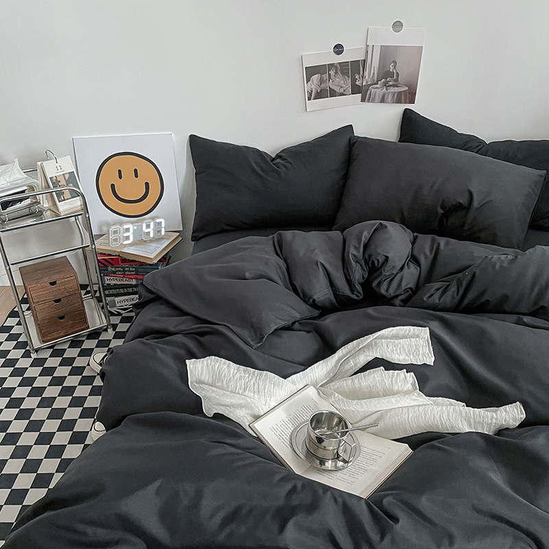 Black Washed Cotton Bedding Set - Solid Color Fitted Sheet Style