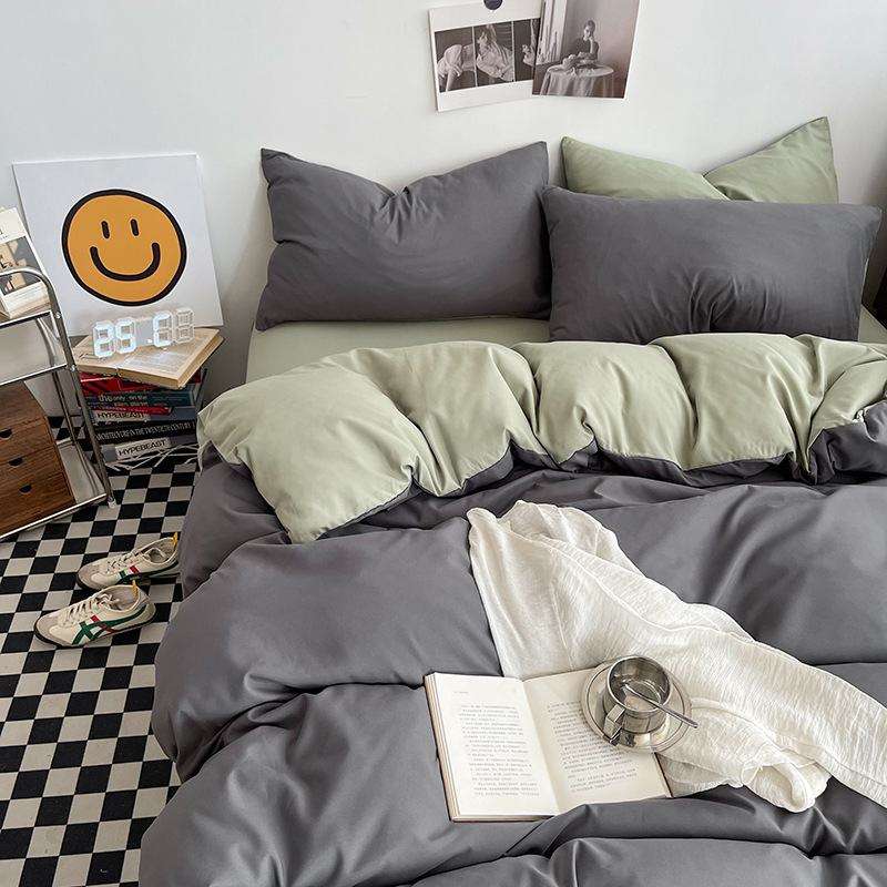 Dark gray matcha Washed Cotton Bedding Set - Solid Color Fitted Sheet Style