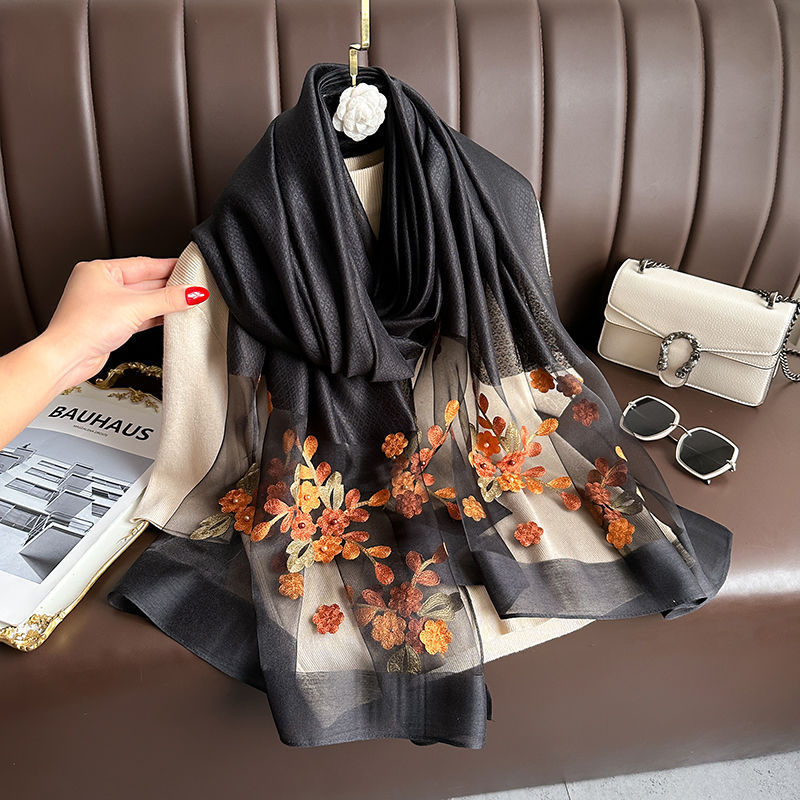 Black Elegant Embroidered Begonia Flower Long Scarf for Women - Beaded Faux