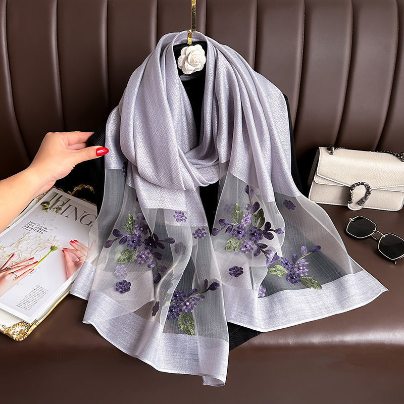 Light gray Elegant Embroidered Begonia Flower Long Scarf for Women - Beaded