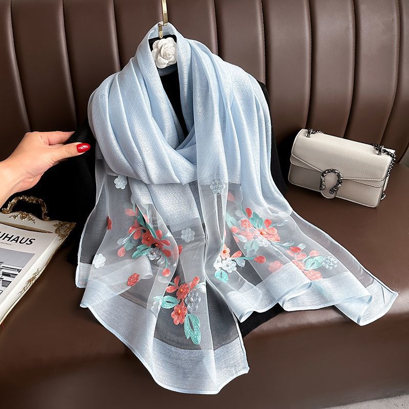 Light blue Elegant Embroidered Begonia Flower Long Scarf for Women - Beaded