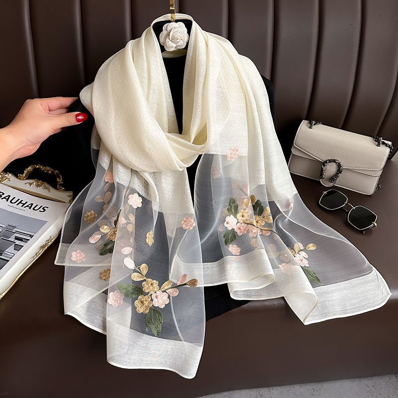 Beige Elegant Embroidered Begonia Flower Long Scarf for Women - Beaded Faux