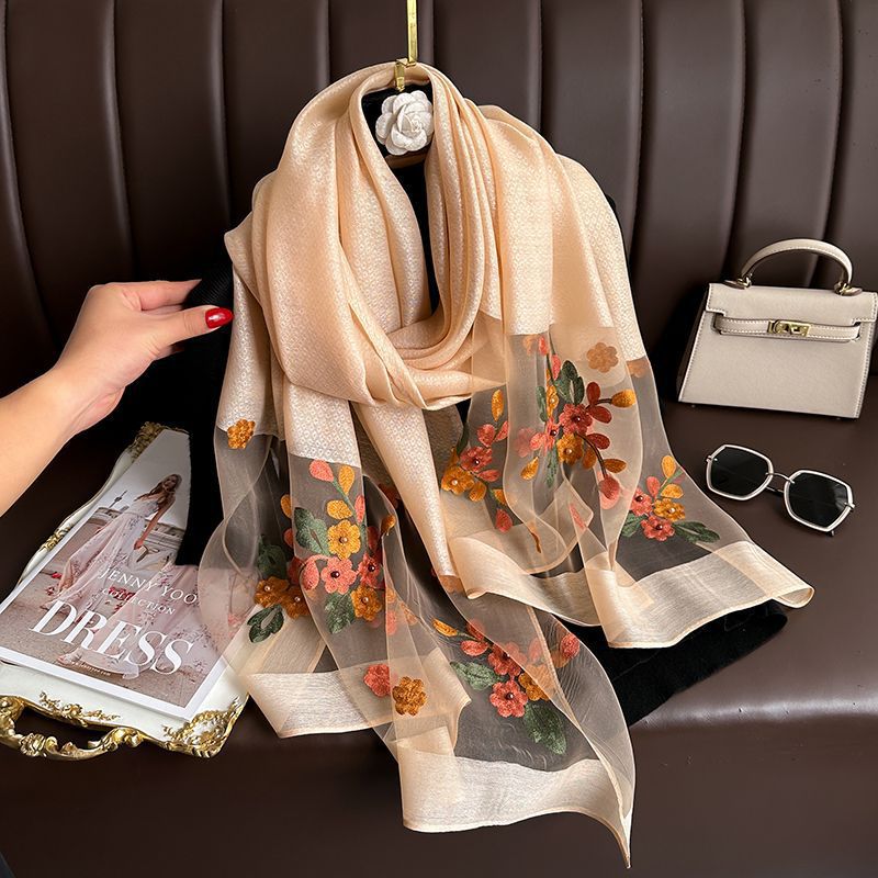 Khaki Elegant Embroidered Begonia Flower Long Scarf for Women - Beaded Faux