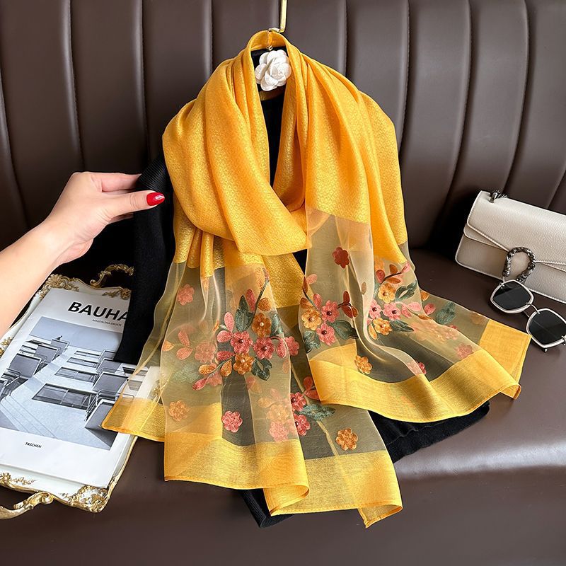 Turmeric Elegant Embroidered Begonia Flower Long Scarf for Women - Beaded Faux