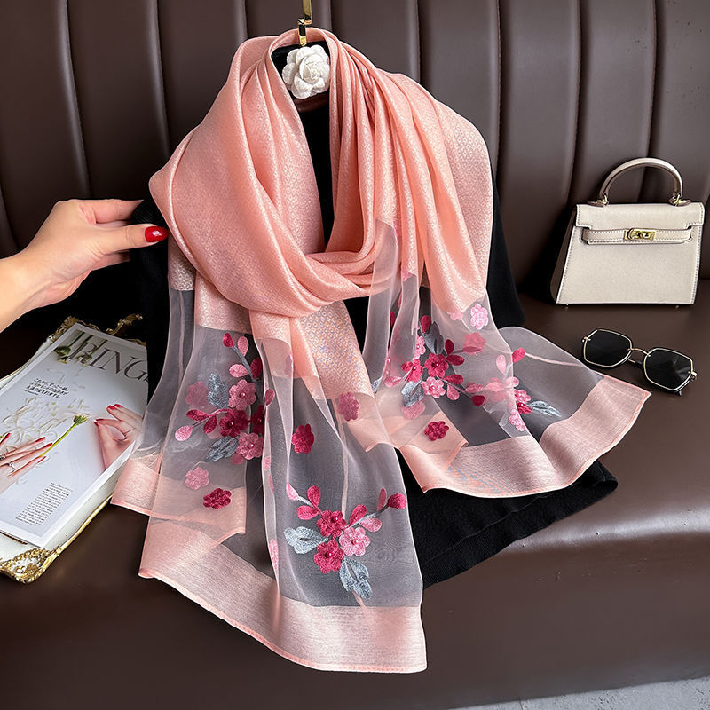 Pink Elegant Embroidered Begonia Flower Long Scarf for Women - Beaded Faux