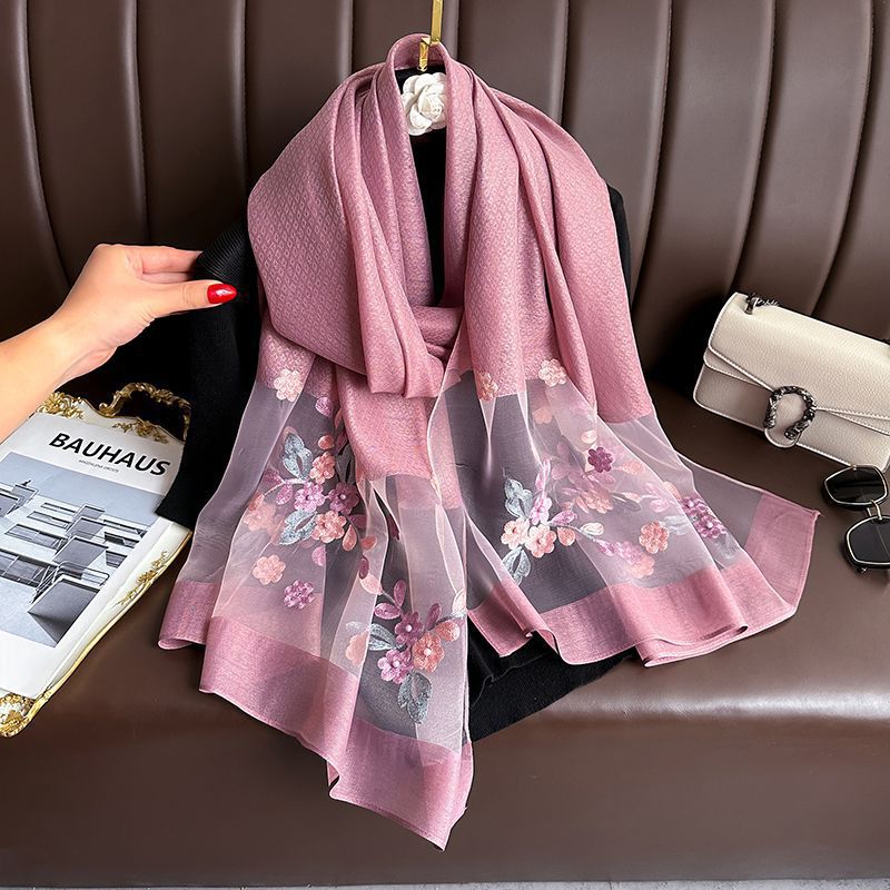 Dark Pink Elegant Embroidered Begonia Flower Long Scarf for Women - Beaded