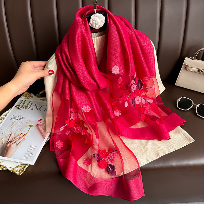 Wine red Elegant Embroidered Begonia Flower Long Scarf for Women - Beaded Faux