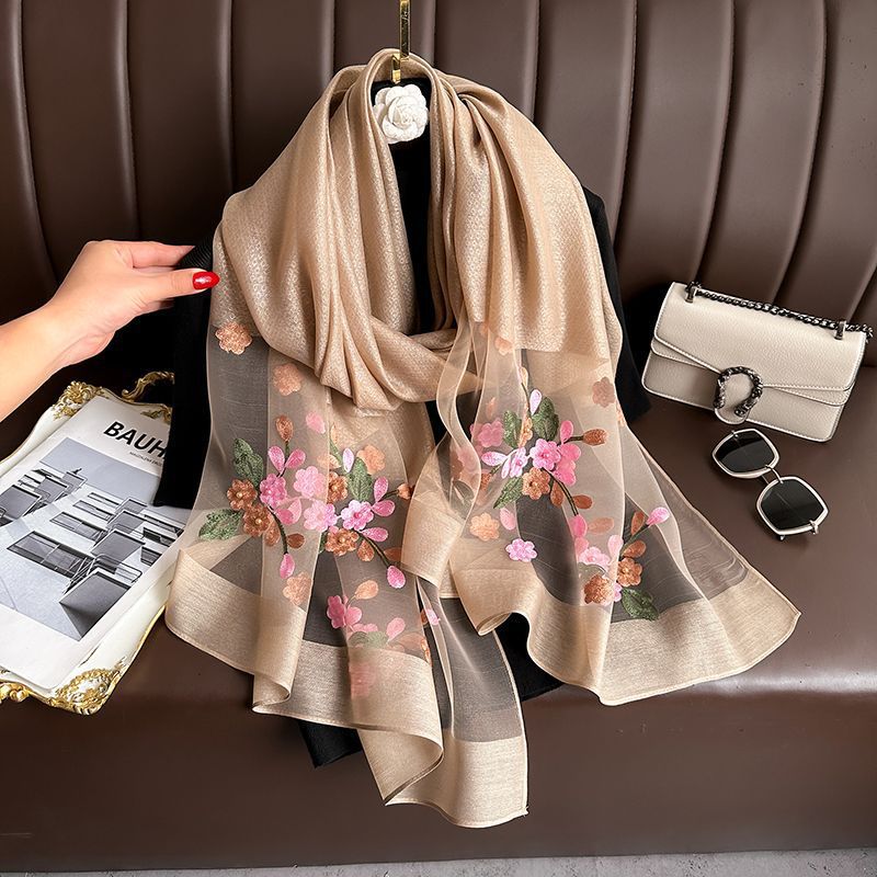 Camel color Elegant Embroidered Begonia Flower Long Scarf for Women - Beaded