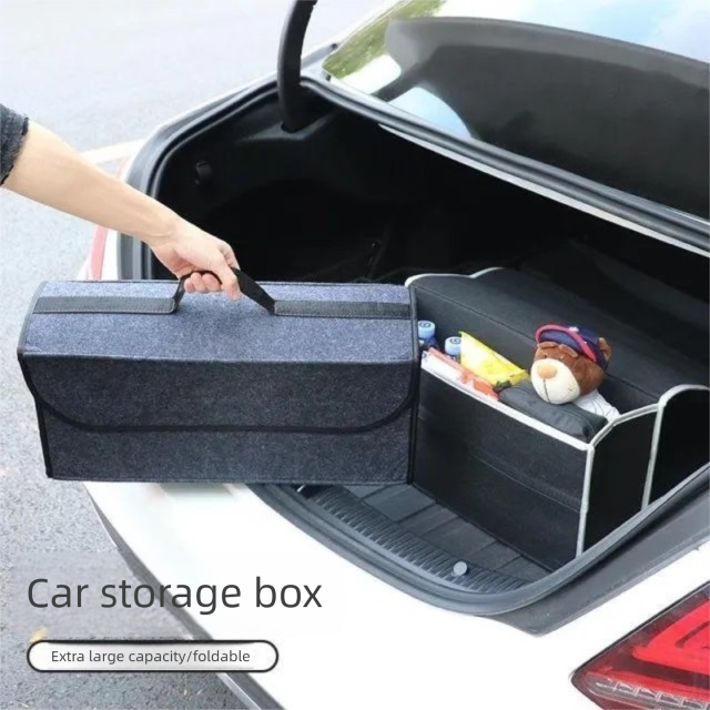 Black Foldable Felt Car Trunk Organizer with Handle - Multi-Compartment view 4