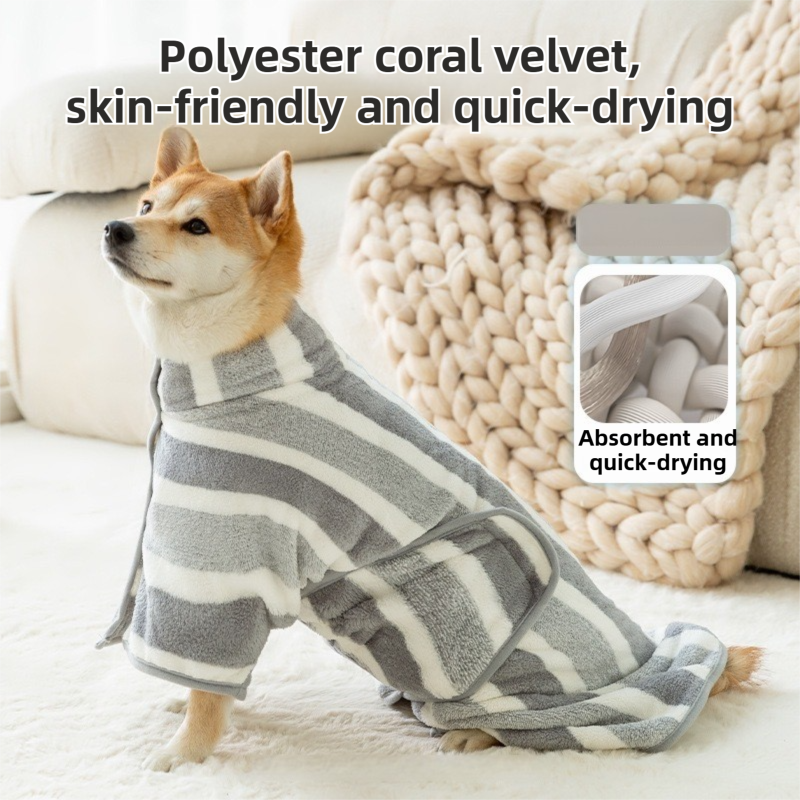 Grey Stripes Super Absorbent Pet Bathrobe with Waist Belt & Neck Snap - Full view 2