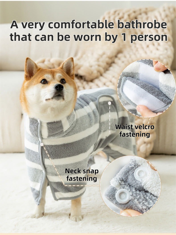 Brown Stripes Super Absorbent Pet Bathrobe with Waist Belt & Neck Snap - Full view 4