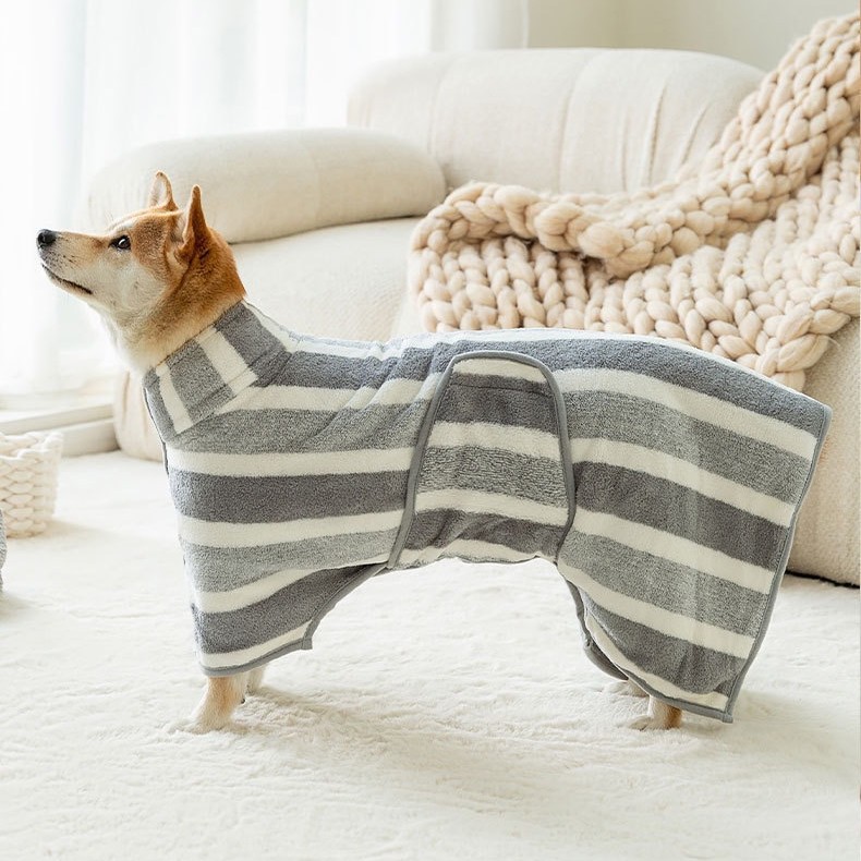 Red Stripes Super Absorbent Pet Bathrobe with Waist Belt & Neck Snap - Full view 2