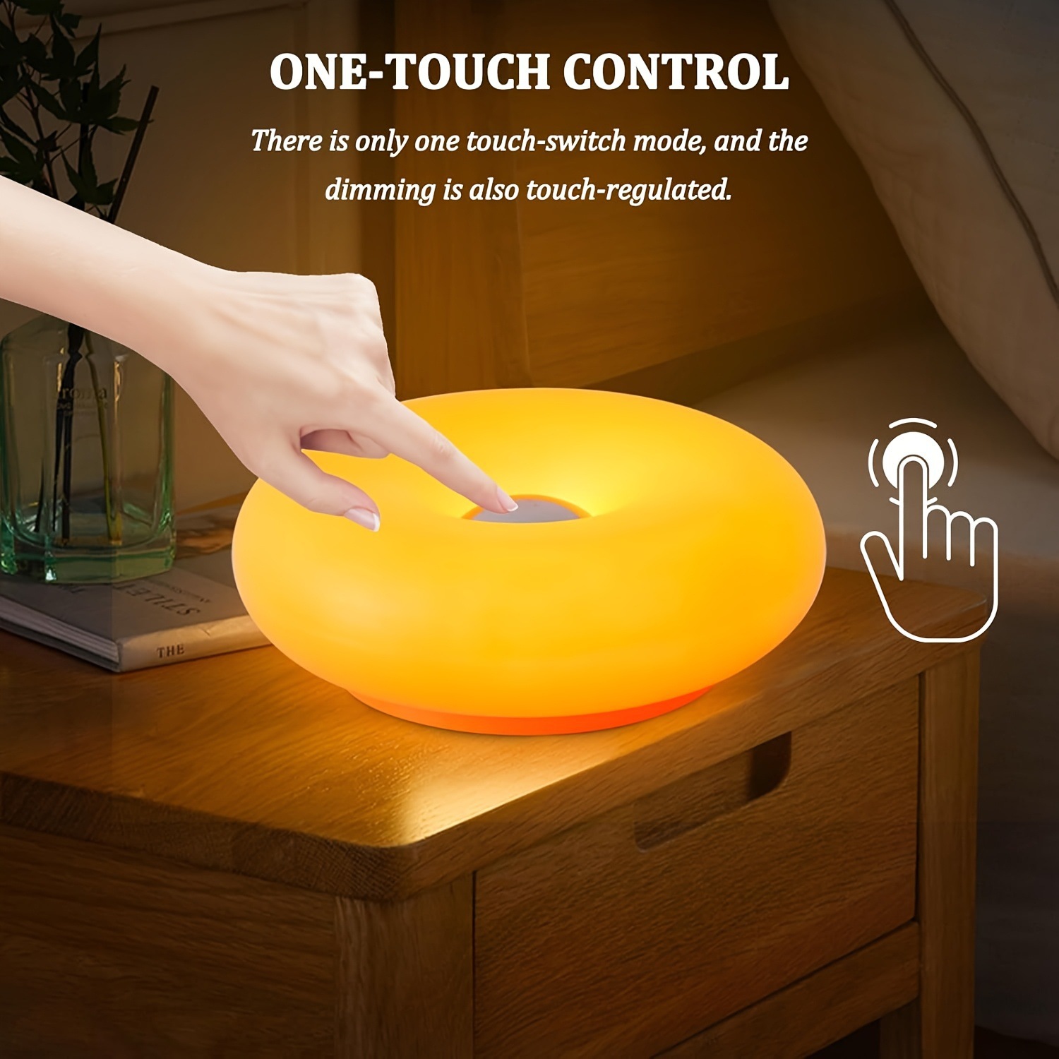 Retro Bauhaus Donut Bedside Lamp - Cordless Vibrant Orange Ambient Light and view 2