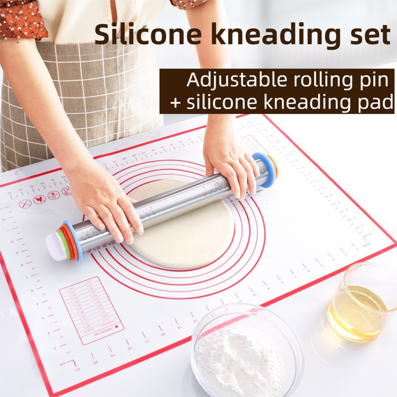 Adjustable Stainless Steel Rolling Pin + 40 x 60 CM Black Non-Stick Silicone view 2