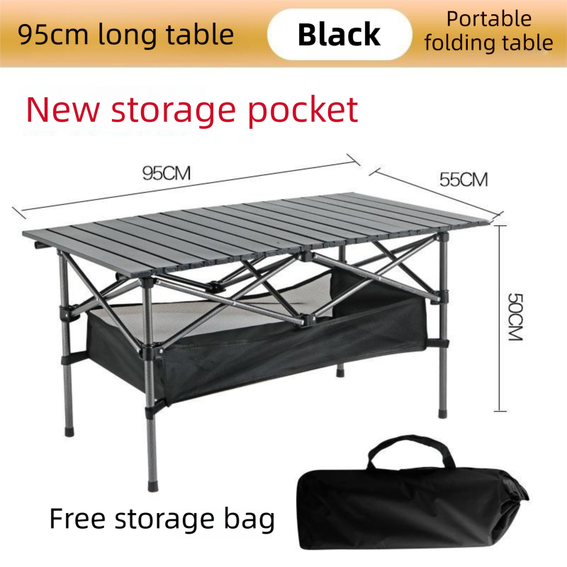 95CM Black Portable Folding Egg Roll Camping Table with Storage Bag & Mesh — image 1