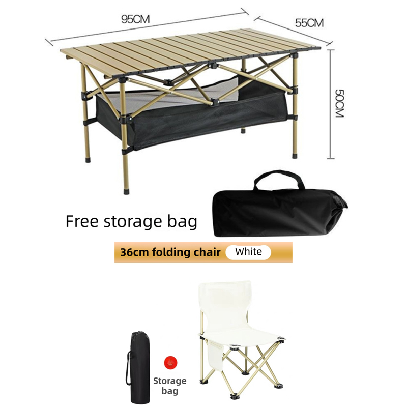 95CM Khaki Portable Folding Egg Roll Camping Table + 4-Pack 36CM Chairs with — image 1
