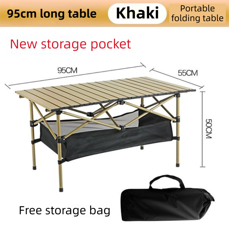 95CM Khaki Portable Folding Egg Roll Camping Table + 4-Pack 36CM Chairs with view 2