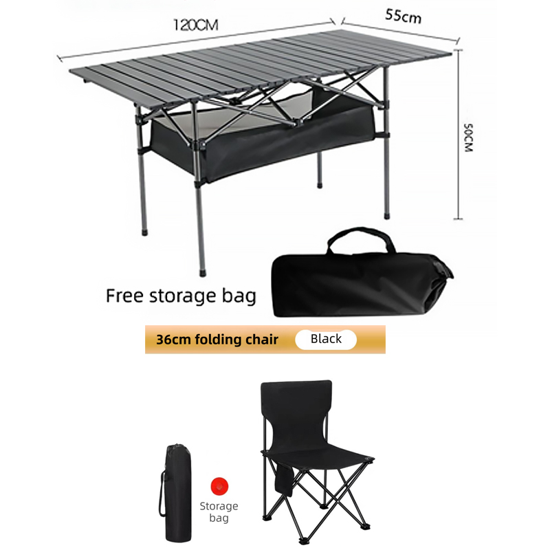 120CM Black Portable Folding Egg Roll Camping Table + 4-Pack 36CM Chairs with — image 1