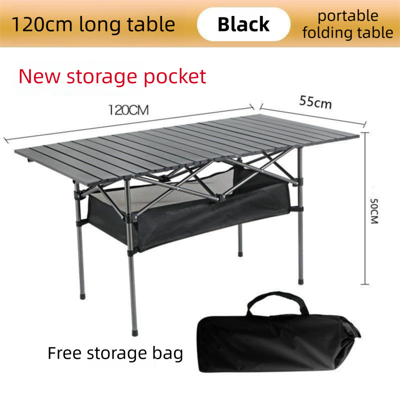 120CM Black Portable Folding Egg Roll Camping Table + 4-Pack 36CM Chairs with view 2