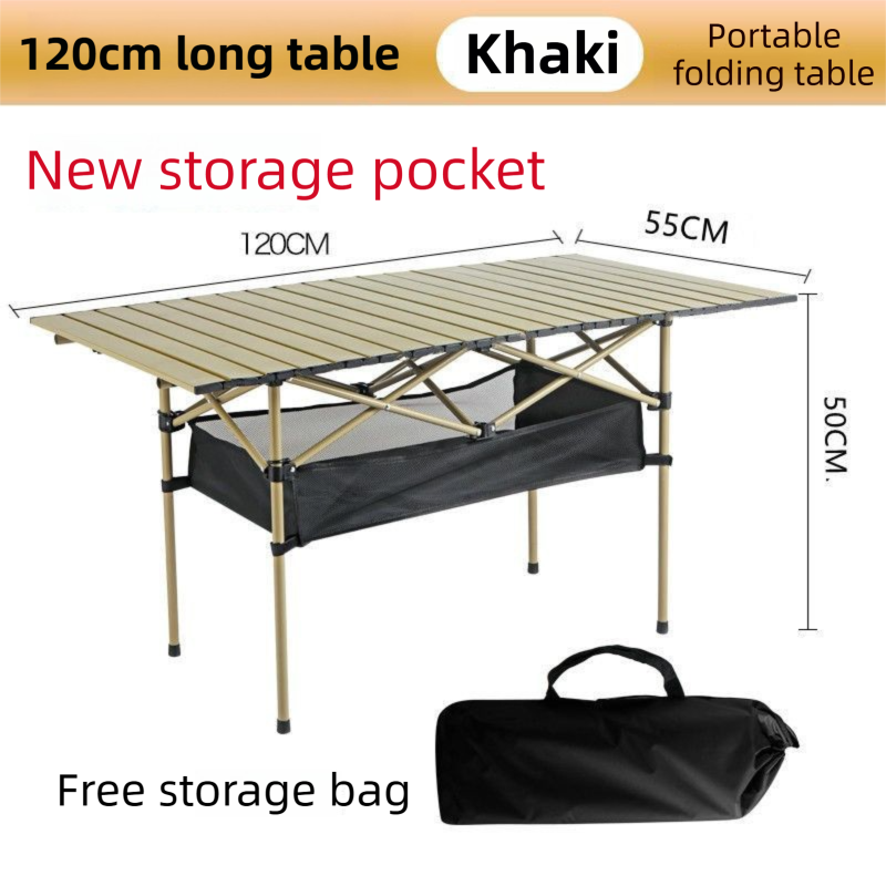 120CM Khaki Portable Folding Egg Roll Camping Table + 4-Pack 36CM Chairs with view 2
