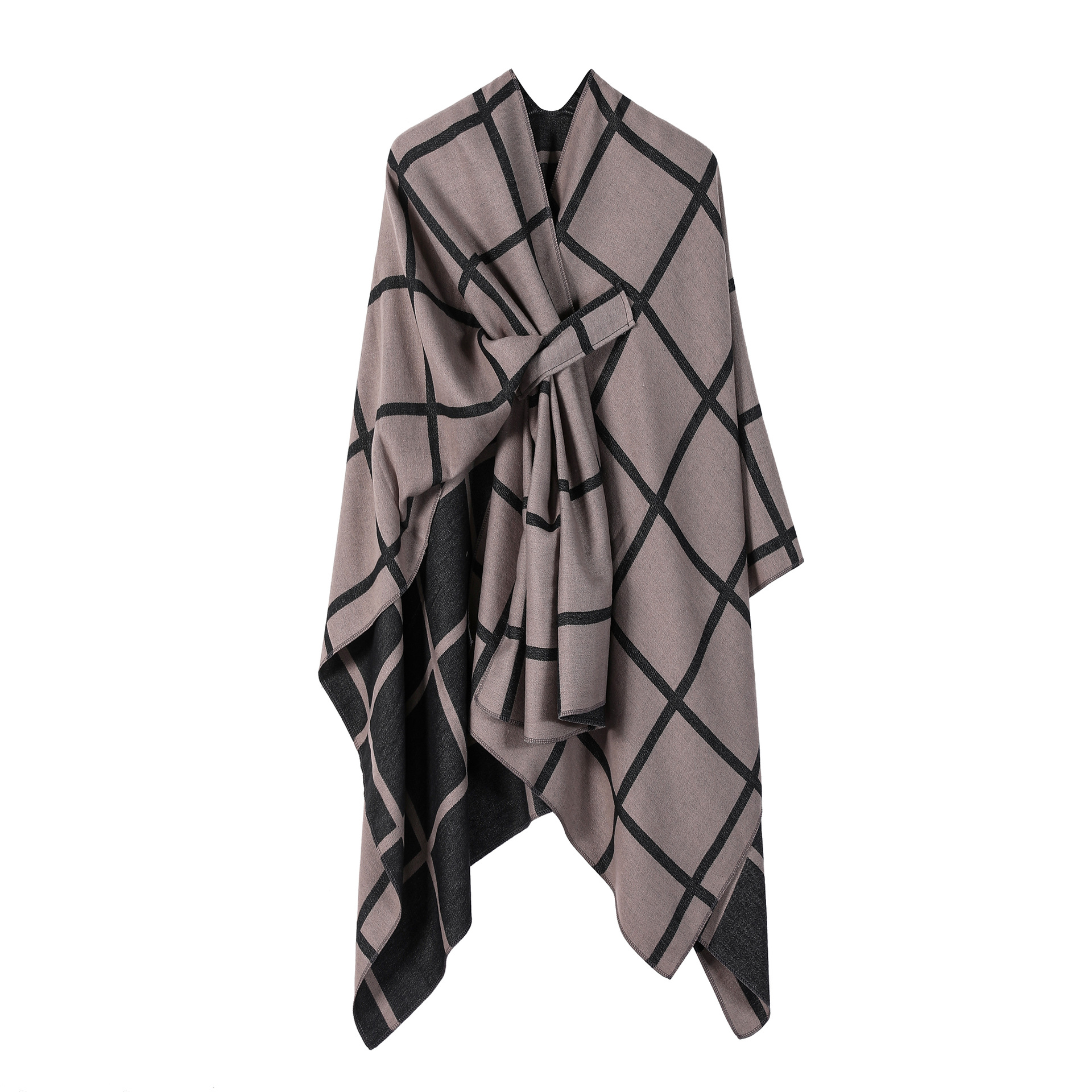 Brown Elegant Check Knit Travel Shawl with Stylish Side-Slit Design - Fall &