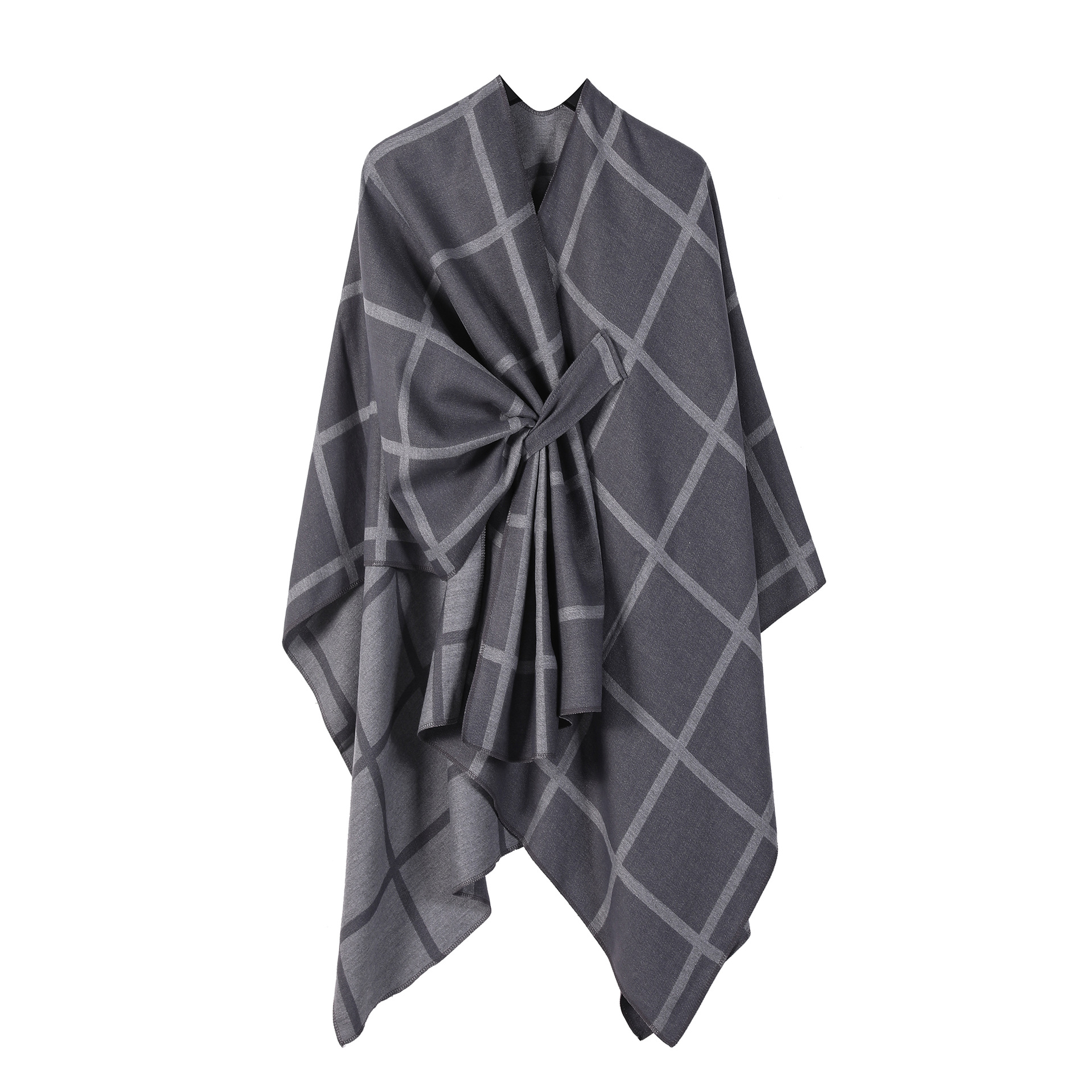 Grey Elegant Check Knit Travel Shawl with Stylish Side-Slit Design - Fall &