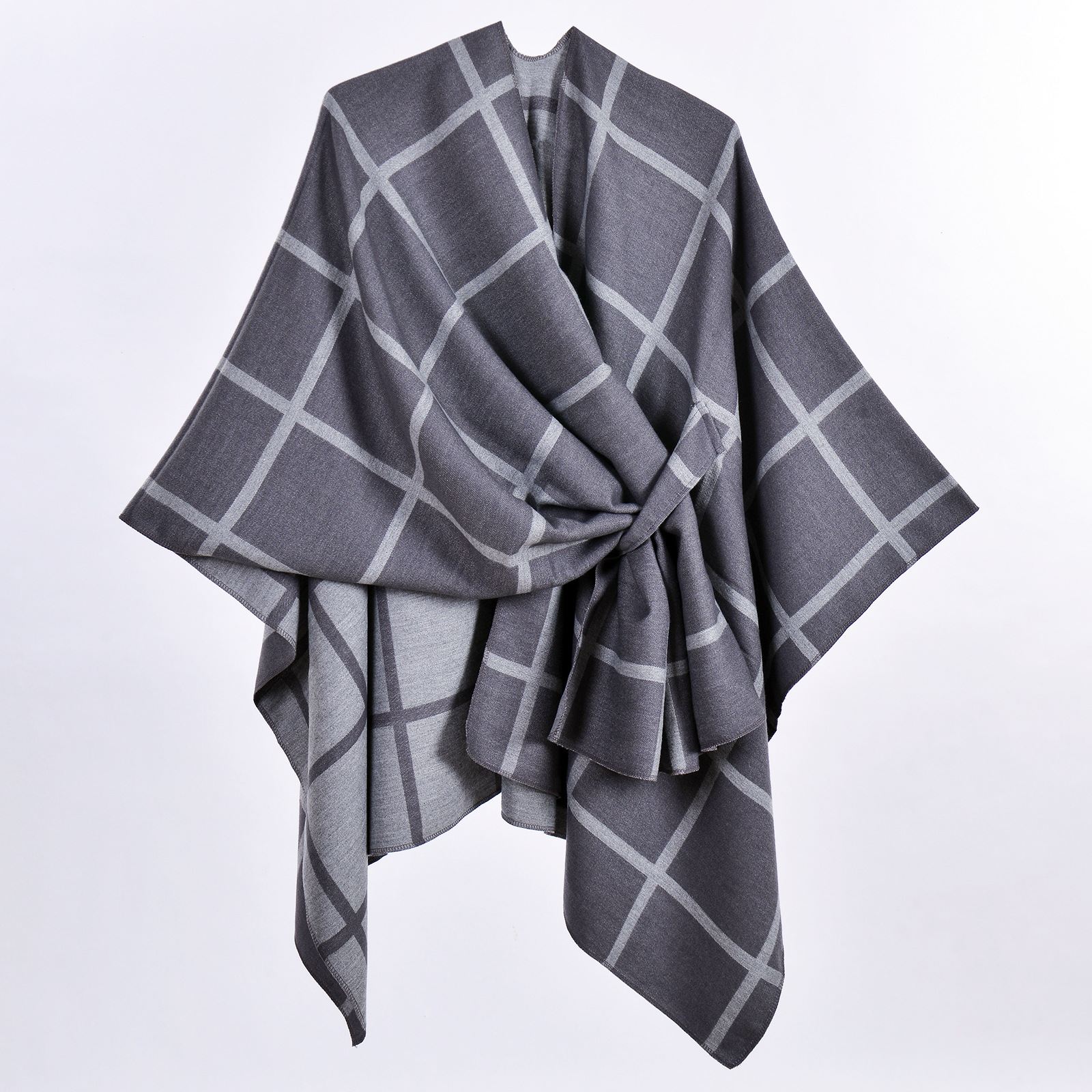 Grey Elegant Check Knit Travel Shawl with Stylish Side-Slit Design - Fall & view 2