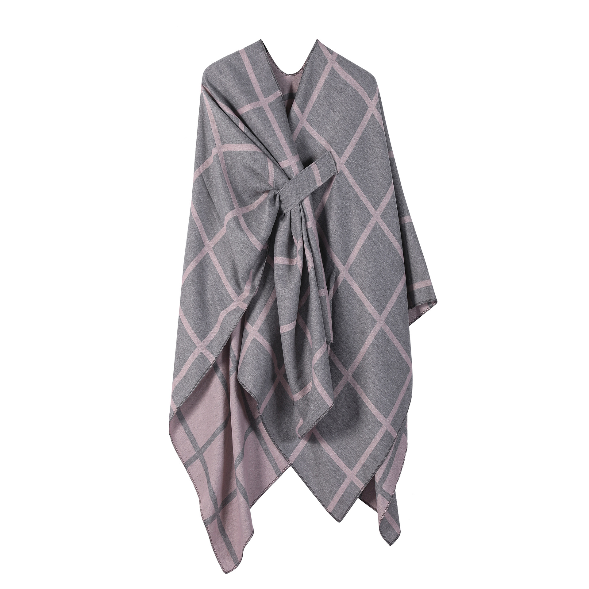 Grey and Pink Elegant Check Knit Travel Shawl with Stylish Side-Slit Design