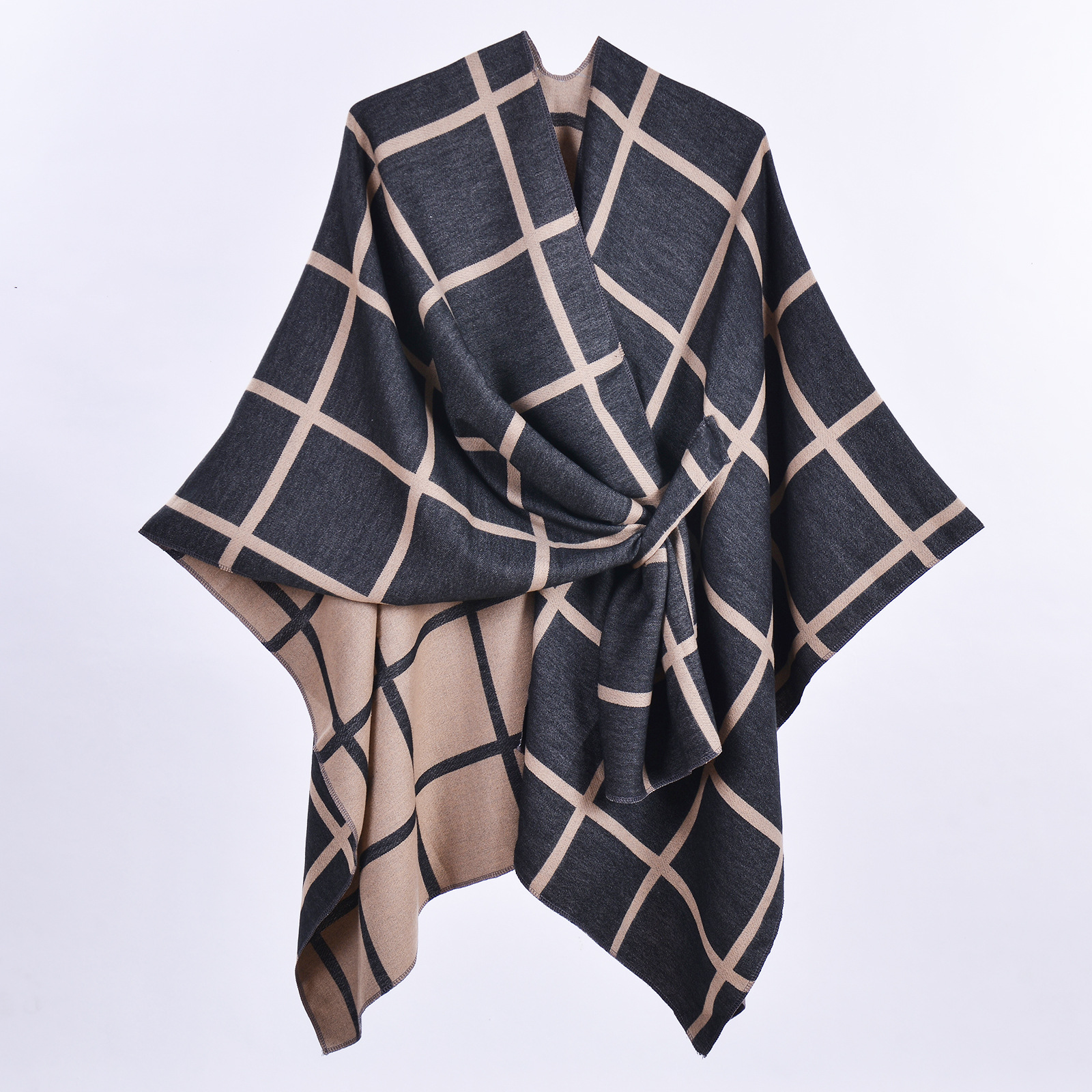 Black and Brown Elegant Check Knit Travel Shawl with Stylish Side-Slit Design view 2