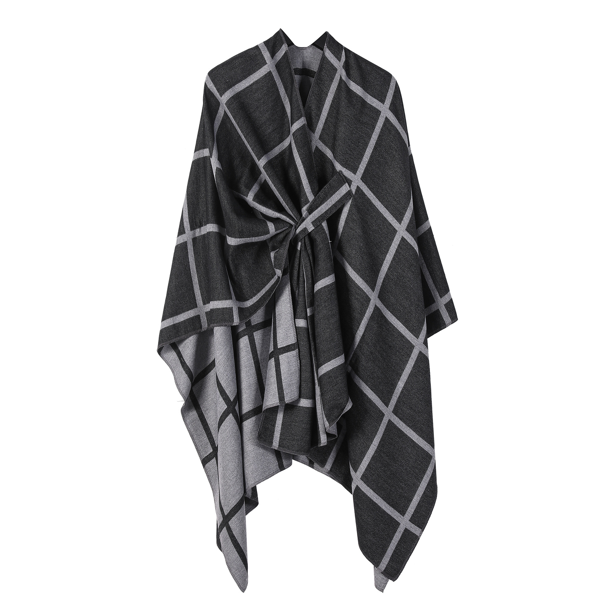 Black and Grey Elegant Check Knit Travel Shawl with Stylish Side-Slit Design