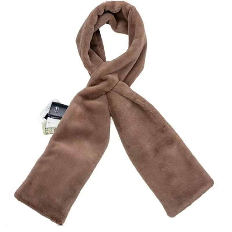 Brown Soft Faux Fur Scarf with 15x20CM Hidden Zipper Pocket - Anti-Theft