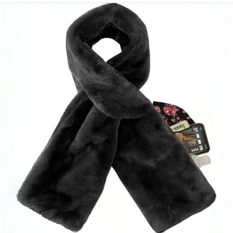 Black Soft Faux Fur Scarf with 15x20CM Hidden Zipper Pocket - Anti-Theft