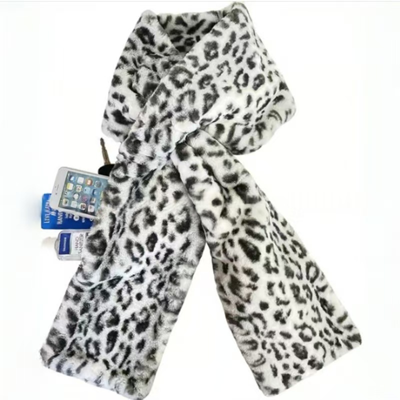 Leopard Print Soft Faux Fur Scarf with 15x20CM Hidden Zipper Pocket
