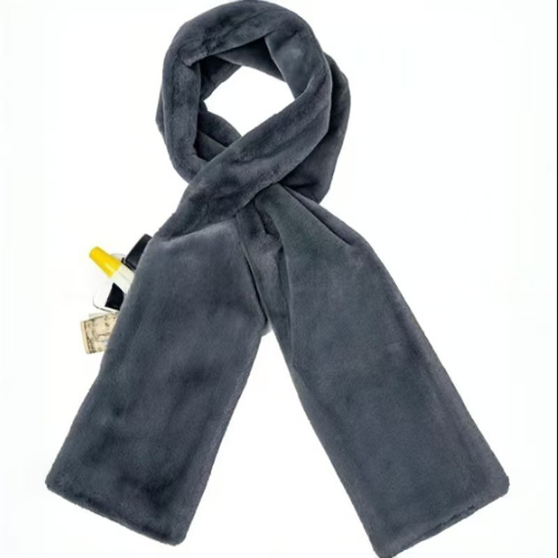 Grey Soft Faux Fur Scarf with 15x20CM Hidden Zipper Pocket - Anti-Theft Travel