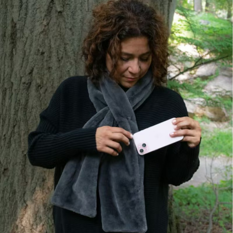 Grey Soft Faux Fur Scarf with 15x20CM Hidden Zipper Pocket - Anti-Theft Travel view 5