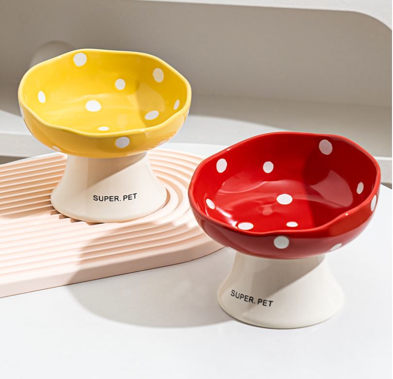 Red and Yellow Elevated 15° Tilted Ceramic Cat Bowl - Anti-Chin Acne Glaze Finish