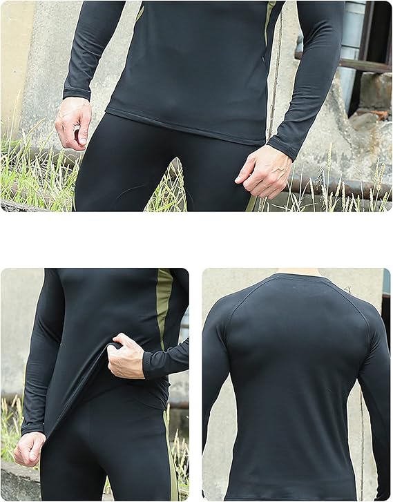 M Size Black Men's Tactical 4-Way Stretch Fleece Lined Thermal Underwear Set view 3