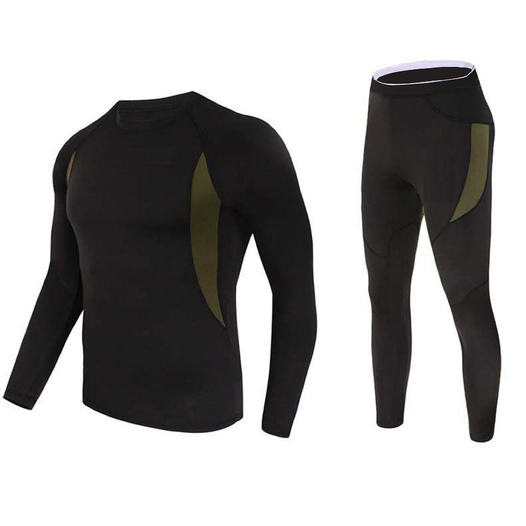 XL Size Black Men's Tactical 4-Way Stretch Fleece Lined Thermal Underwear Set