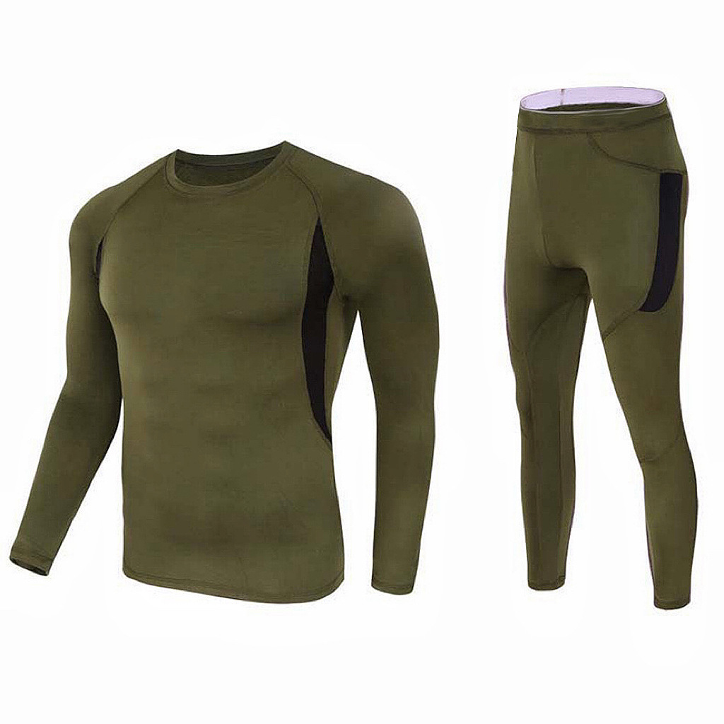 L Size Green Men's Tactical 4-Way Stretch Fleece Lined Thermal Underwear Set