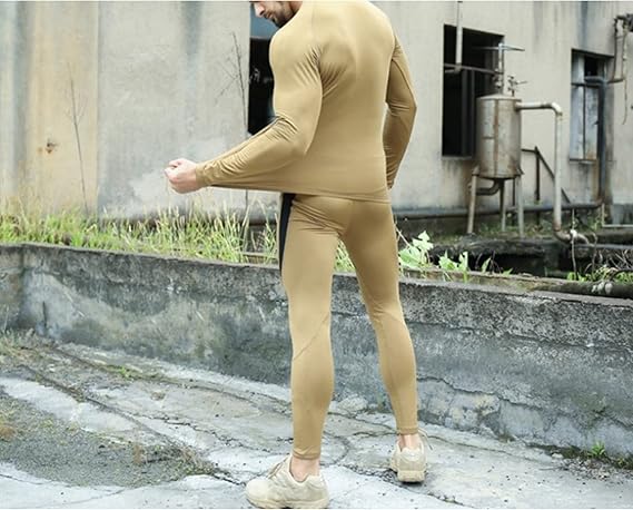 M Size Khaki Men's Tactical 4-Way Stretch Fleece Lined Thermal Underwear Set view 3