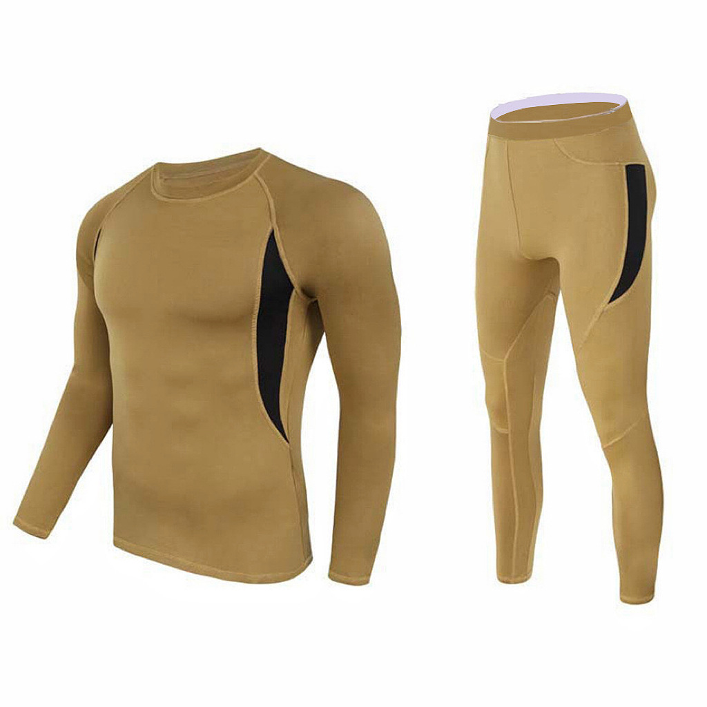 L Size Khaki Men's Tactical 4-Way Stretch Fleece Lined Thermal Underwear Set