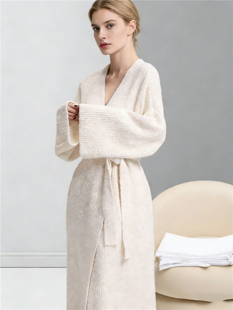 Beige Women's Ultra-Soft Plush V-Neck Cardigan Robe - Extra Thick Half-Velvet view 2