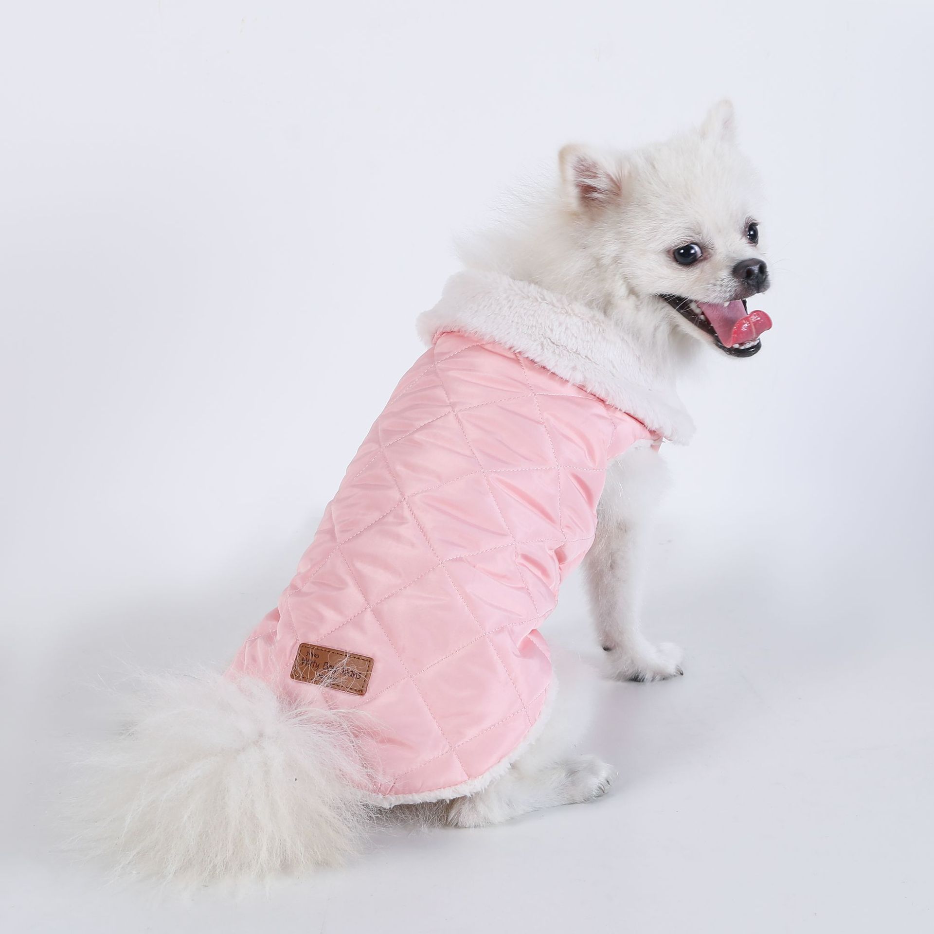 M Size Pink Winter Padded Cotton Dog Thermal Plaid Vest with Faux Fur Collar view 2