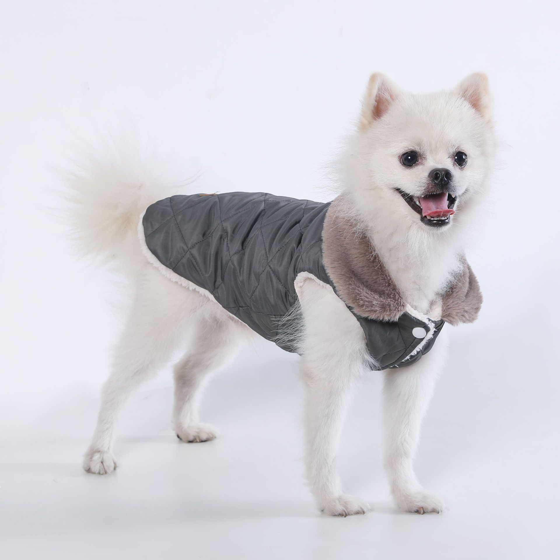 M Size Grey Winter Padded Cotton Dog Thermal Plaid Vest with Faux Fur Collar — image 1