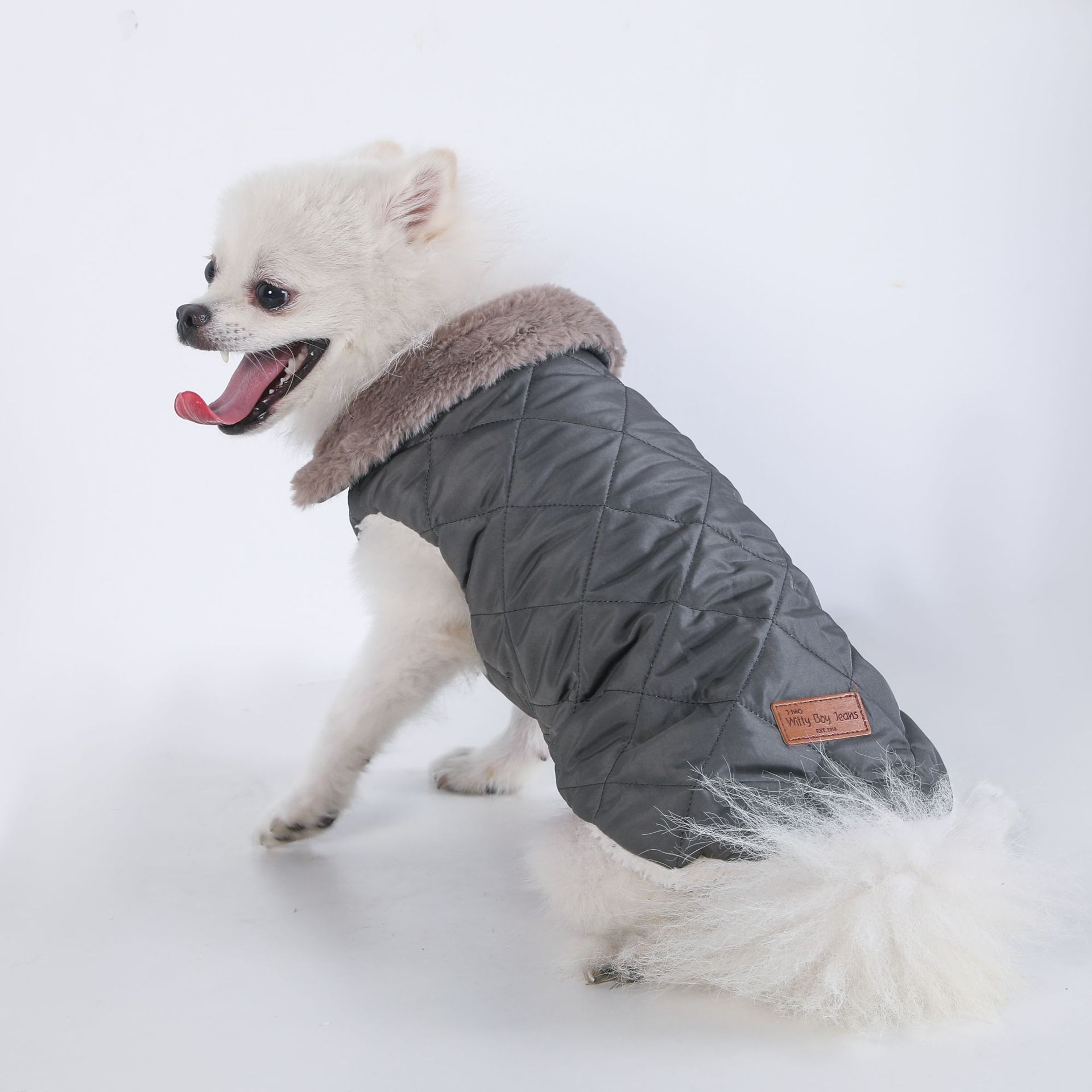 M Size Grey Winter Padded Cotton Dog Thermal Plaid Vest with Faux Fur Collar view 2