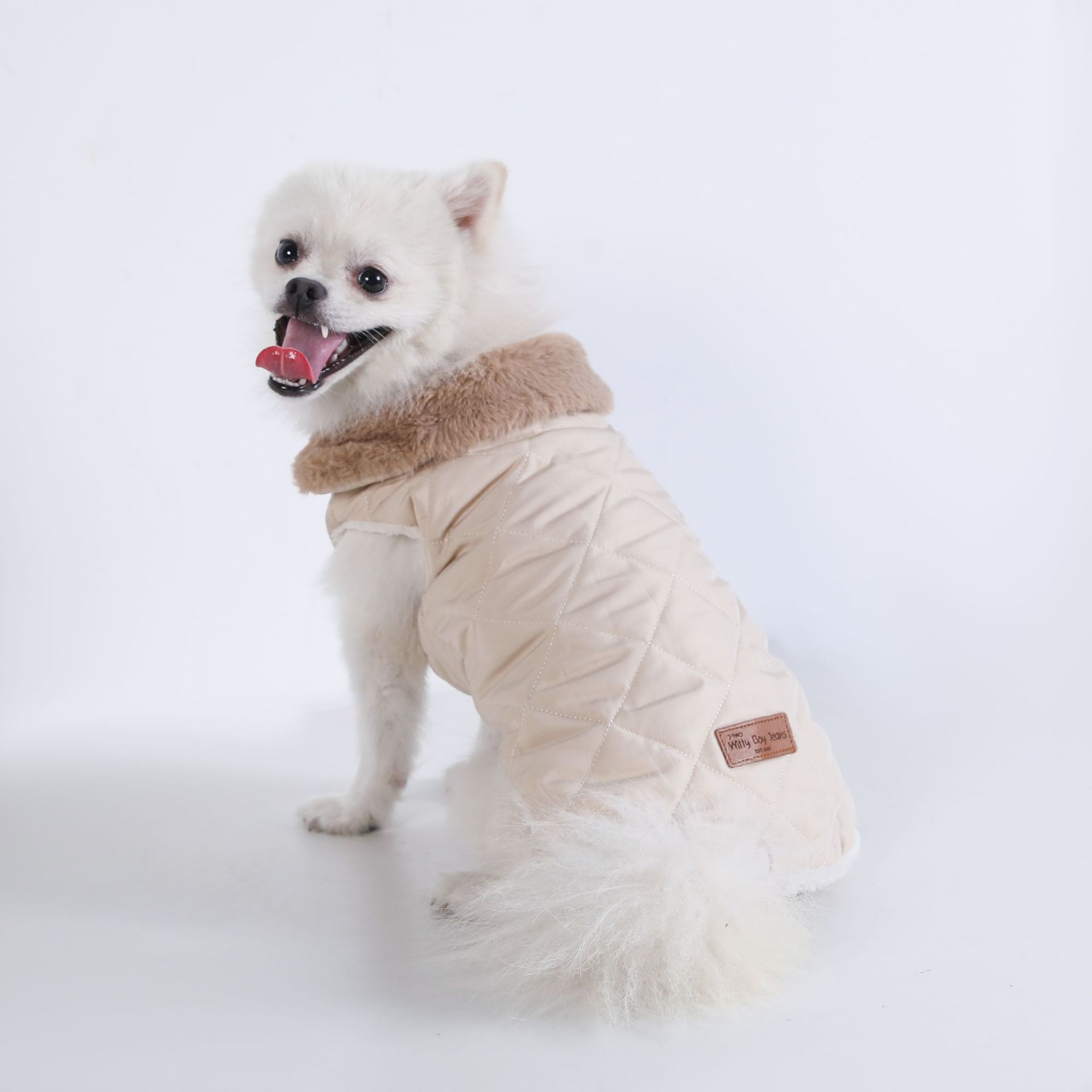 M Size Beige Winter Padded Cotton Dog Thermal Plaid Vest with Faux Fur Collar view 2