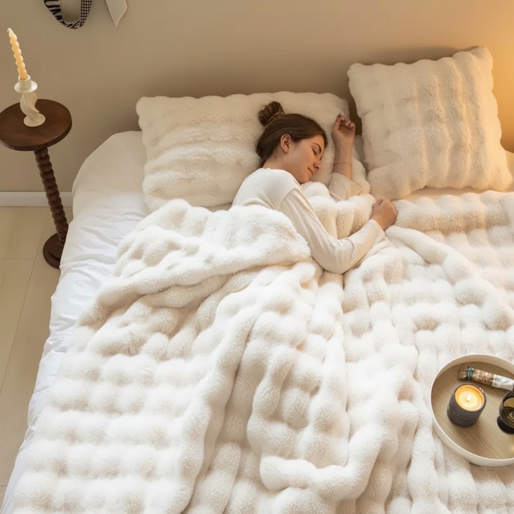 White Luxury Tuscany Fleece Rabbit Fur Bubble Blanket (180 x 200 CM)