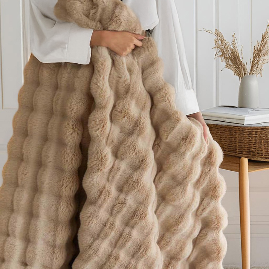 Brown Luxury Tuscany Fleece Rabbit Fur Bubble Blanket - Double-Sided Thickened view 3